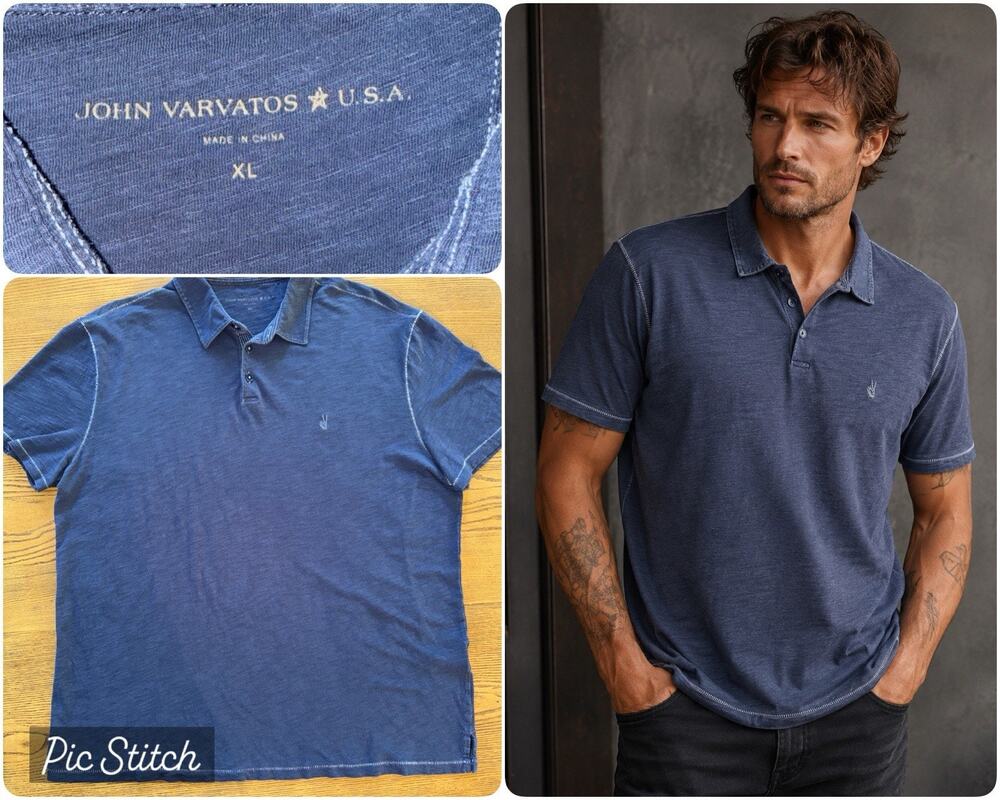 John Varvatos U.S.A Mens Blue Contrast Stitch Polo Shirt Sz XL EUC Peace Logo